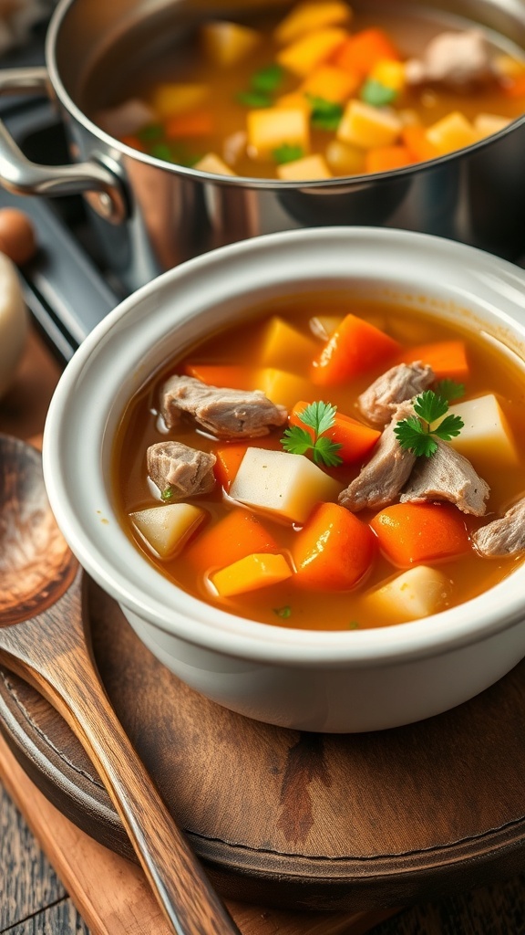A hearty bowl of duckling soup with vegetables, garnished with parsley, in a cozy kitchen.